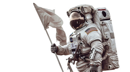 a astronaut wearing a spacesuit and a helmet, holding a flag, isolated on transparent background, png file