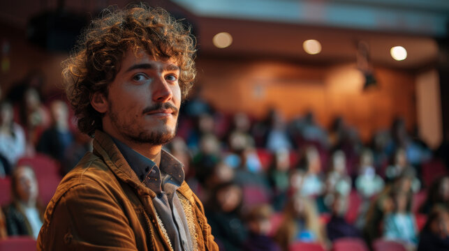 young Mental coach with curly hair on stage teach youth's to be strong and healthy