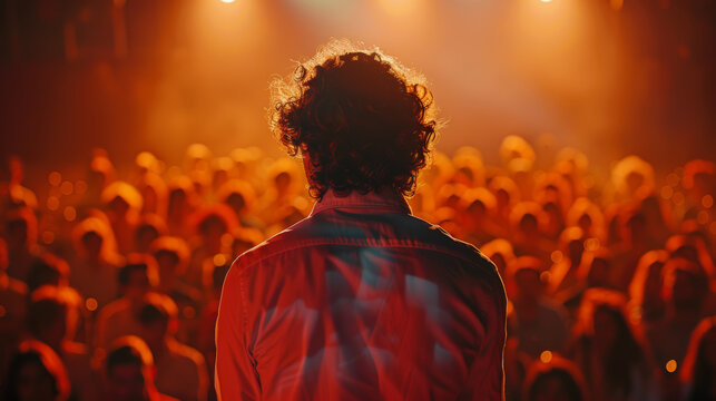 young Mental coach with curly hair on stage teach youth's to be strong and healthy