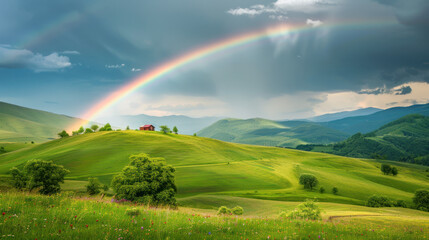 Obraz premium Colorful sky with rainbow over lush field and meadow under sunny weather