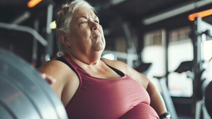An overweight mature elderly middle aged woman stands with her back in the gym preparing to play sports, the concept of an active life in old age, taking care of the body  - obrazy, fototapety, plakaty