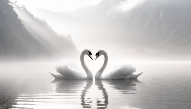 湖でハートの形を描く白鳥の夫婦,Generative AI,AI画像