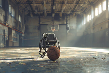 Wheelchair and basketball hoop in a basketball court