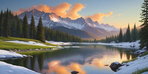Sunset Reflections on a Tranquil Mountain Lake - obrazy, fototapety, plakaty