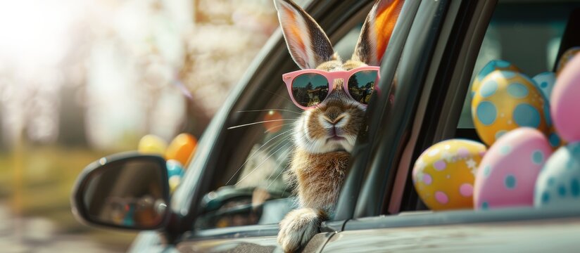 rabbit with easter eggs in traveling by car
