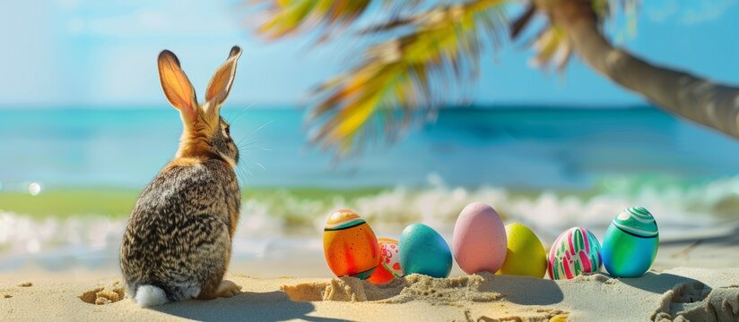 rabbit with easter eggs on the beach