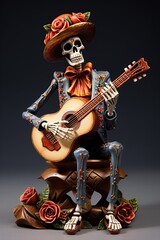 Fototapeta na wymiar Mexican mariachi musician skeleton playing acoustic guitar. Dia de los muertos concept. Ai Generative