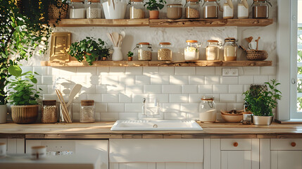 Close up of a kitchen counter made of white and wood with a big sink, a white wall , jars .