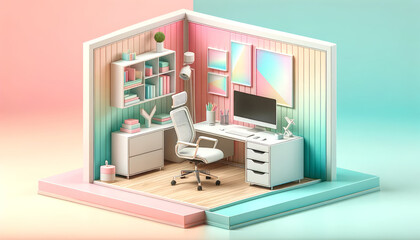 Dynamic Office View: Angled Pastel Workspace