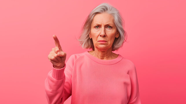 Disapproving senior woman wagging finger, pink background.
