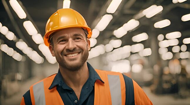 Portrait of a happy european factory worker wearing hard hat and work clothes