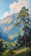 Art Nouveau Style Mountain Landscape Oil Painting