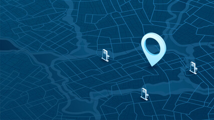Electric charging nearby your point on map, search on map for charger. Location mark on gps navigation isometric map. Vector illustration on blue background