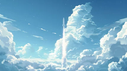 Fototapeten Rocket illustration flying over cloud. beautiful scene © Fauzia