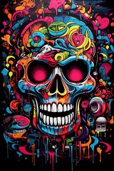 Human skull T Shirt, Poster design. Black background. Generative Ai