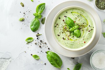 Zucchini cream soup puree in bowl on white background