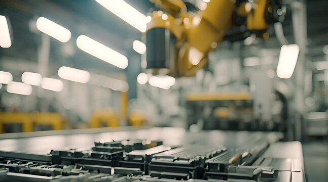 Robotic arm manufacturing Electric vehicle battery at a giga factory