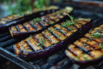 Slices of grilled eggplants on grill