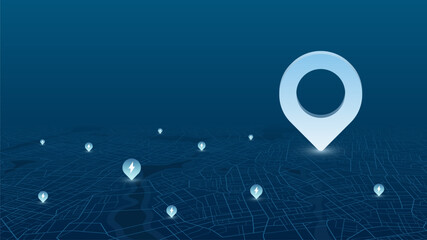 Electric charging nearby your point on map, search on map for charger. Location mark on gps navigation isometric map. Vector illustration on blue background