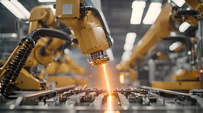 Robotic arm manufacturing Electric vehicle battery at a giga factory
