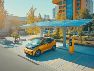 An electric car charges at a solar-powered station, under blue skies, showcasing sustainable energy solutions.