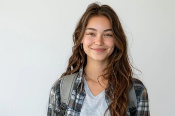 Portrait of a radiant teenage girl with freckles, smiling brightly, dressed in casual attire and carrying a backpack, set against a white backdrop. Generated AI