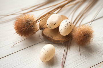 quail eggs on wooden background, Easter concept