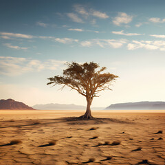 An isolated tree in the middle of a vast desert.