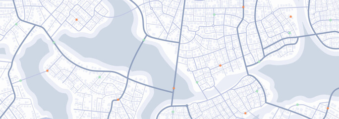 Extensive city scheme featuring points of interest. Abstract navigation plan of the urban area. General city map indicating streets, roads, and buildings. Colored flat, editable vector illustration