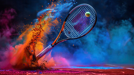 Dynamic Tennis Racket and Ball with Vibrant Color Explosion