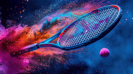 Dynamic Tennis Racket Hitting Ball with Colorful Explosion