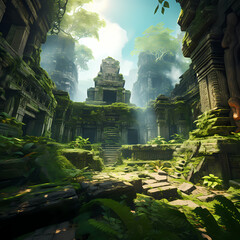 Ancient ruins in a lush green jungle. 