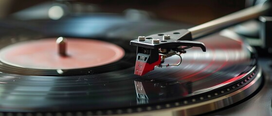 Close-up, vintage record player, While playing the record, Black platter.