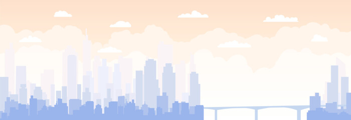 City buildings skyline modern architecture sunset and night cityscape background horizontal. Urban silhouette landscape of modern city. Panorama in flat style. Cityscape, vector illustration