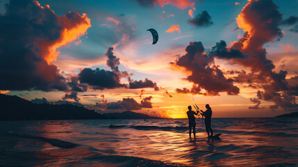 Silhouette people kitesurfing sunset clouds. 