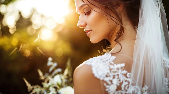 A serene bride in sunlit ambiance, her detailed gown and soft expression evoke tranquility and beauty. This image is ideal for content about bridal elegance and the quiet moments of a wedding day.