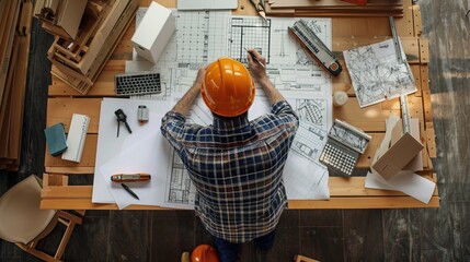 An architect meticulously works on building blueprints, representing the precision and detail-oriented nature of architectural design and planning.