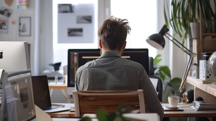 A contemporary office setup with a focused individual at a computer, surrounded by modern amenities and greenery, represents the blend of technology.