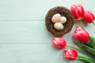 Quail eggs in the nest and tulips, top view. Easter concept
