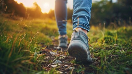 Close-up of walking boots on a grassy trail during sunset, capturing the essence of outdoor exploration and the beauty of hiking. - obrazy, fototapety, plakaty