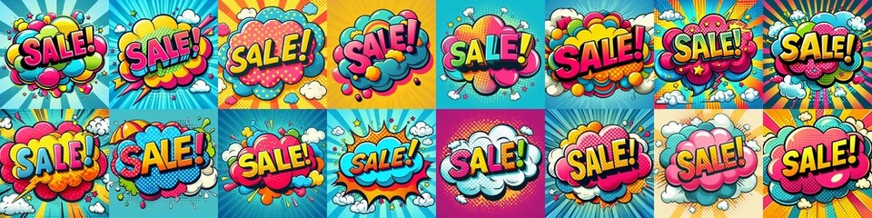 Sale! on a cloud in bright colors, pop-art style. AI generated illustration