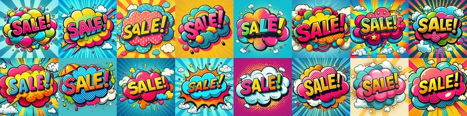 Deurstickers Sale! on a cloud in bright colors, pop-art style. AI generated illustration © vector_master