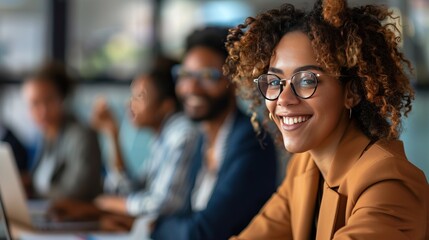 A cheerful team member in glasses smiles brightly at the camera during a meeting, embodying a positive work environment and collaboration - obrazy, fototapety, plakaty