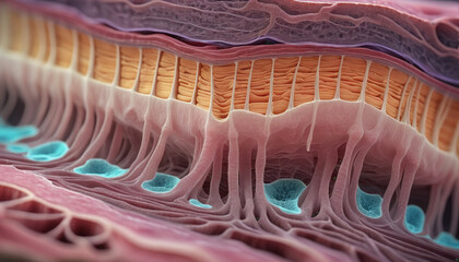 Close-up of the structure and composition of the different layers of skin and organic surface tissue - obrazy, fototapety, plakaty