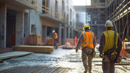 Two construction workers in high-visibility vests and hard hats at a busy construction site, with focus on safety and teamwork - obrazy, fototapety, plakaty