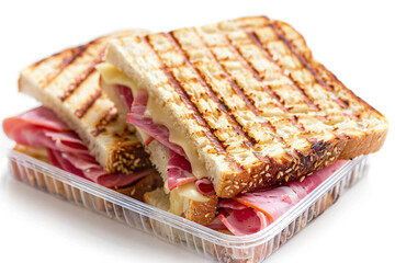 Whole wheat sandwich toast with ham and cheese in a plastic box isolated on white background.