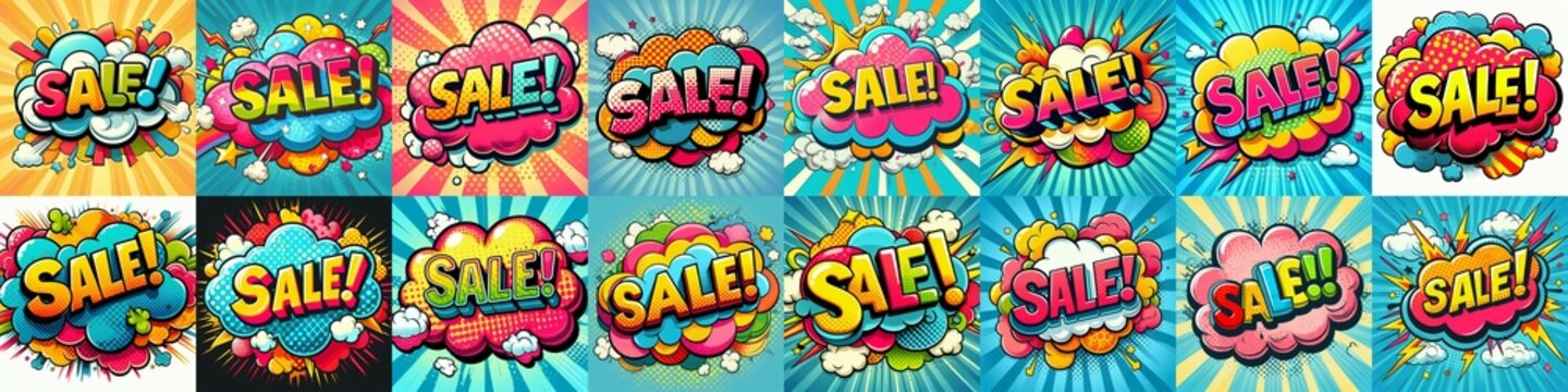 Fototapeta Sale! on a cloud in bright colors, pop-art style. AI generated illustration
