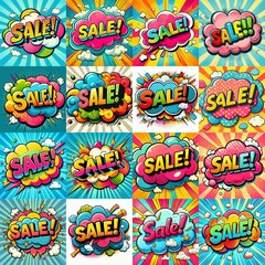 Naklejka premium Sale! on a cloud in bright colors, pop-art style. AI generated illustration