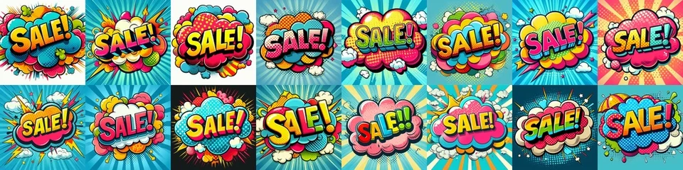 Fototapeten Sale! on a cloud in bright colors, pop-art style. AI generated illustration © vector_master