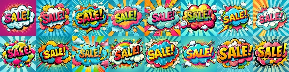 Sale! on a cloud in bright colors, pop-art style. AI generated illustration